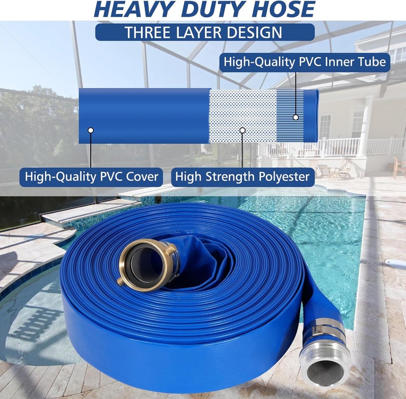 Picatu 1" x 50 ft Backwash Hose for Swimming Pools, Heavy Duty PVC Lay Flat Water Discharge Hose,Durable Pool Drain Hose with Aluminum Pin Lug Fittings for Pump And Filters - Image 3